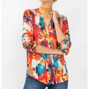 Desigual Women’s Camelia blouse Sz M button down roll tab sleeve